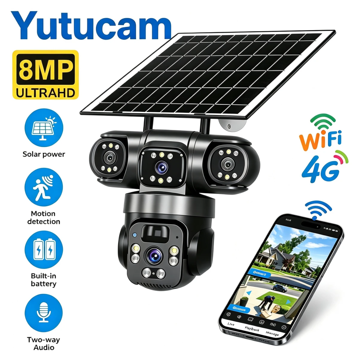 Yucutam solar powered outdoor camera tTriple Lens Triple Screen PTZ CCTV AI human tracking IP66 waterproof WiFi security camera