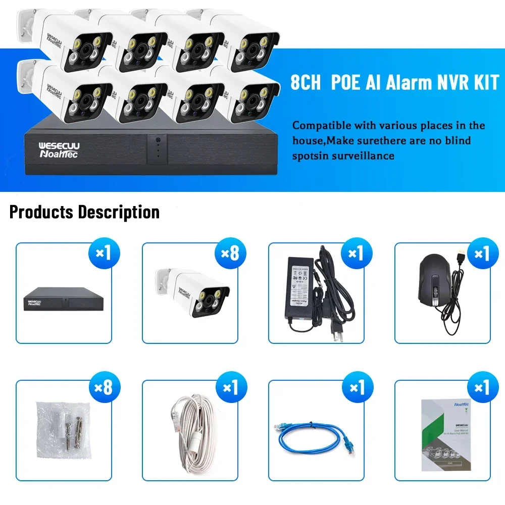 Manufacturer 5mp 4k 8mp 4 8 16 Channel  HD AI Ip Poe Nvr Home Outdoor Security Camera Surveillance Cctv System Kit With Camera