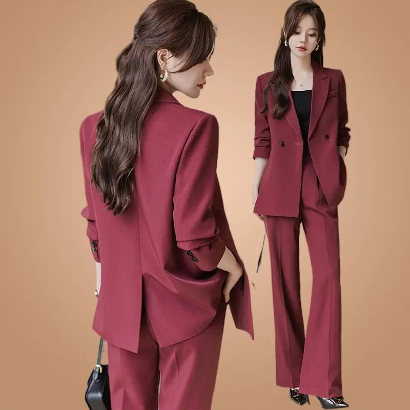 Women's 2025 Autumn New Casual Blazers Coat Matching Set Korean Elegant Professional Suit Jacket Wide Leg Pants Two Piece Suits