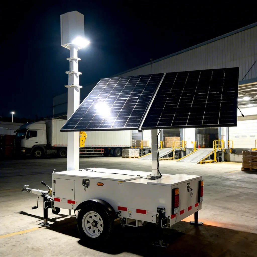 Solar Towable Light Tower with ’Diesel Generator and 360 Rotating Mast for Large Area Lighting