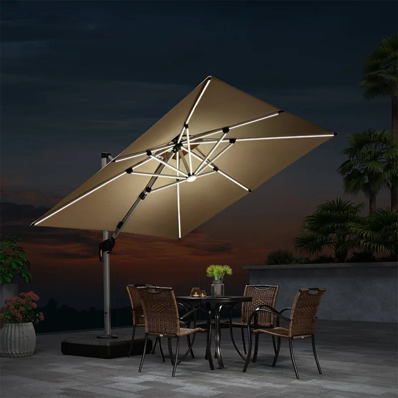 3M Modern Cantilever Umbrella Aluminum Frame 360° Rotatable Waterproof Windproof with Solar LED Light for Hotel Courtyard
