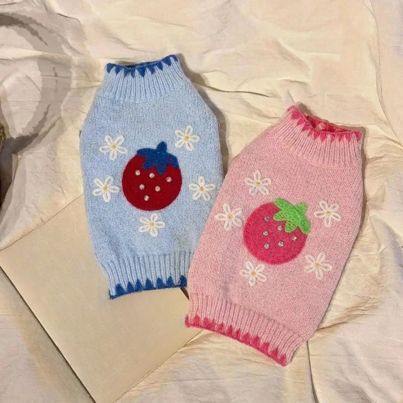 Pet Dog Autumn and Winter Strawberry Knit Sweater