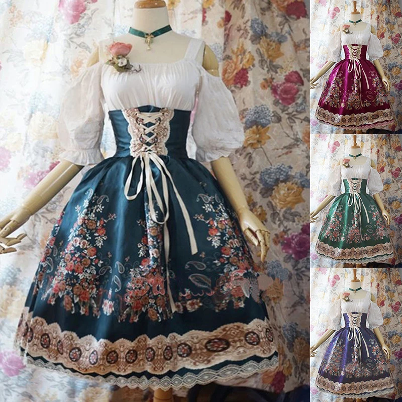Plus Size Women Gothic Lolita Dress Off Shoulder Vintage Printed Puff Sleeve Bandage Cosplay Dress Party Costume