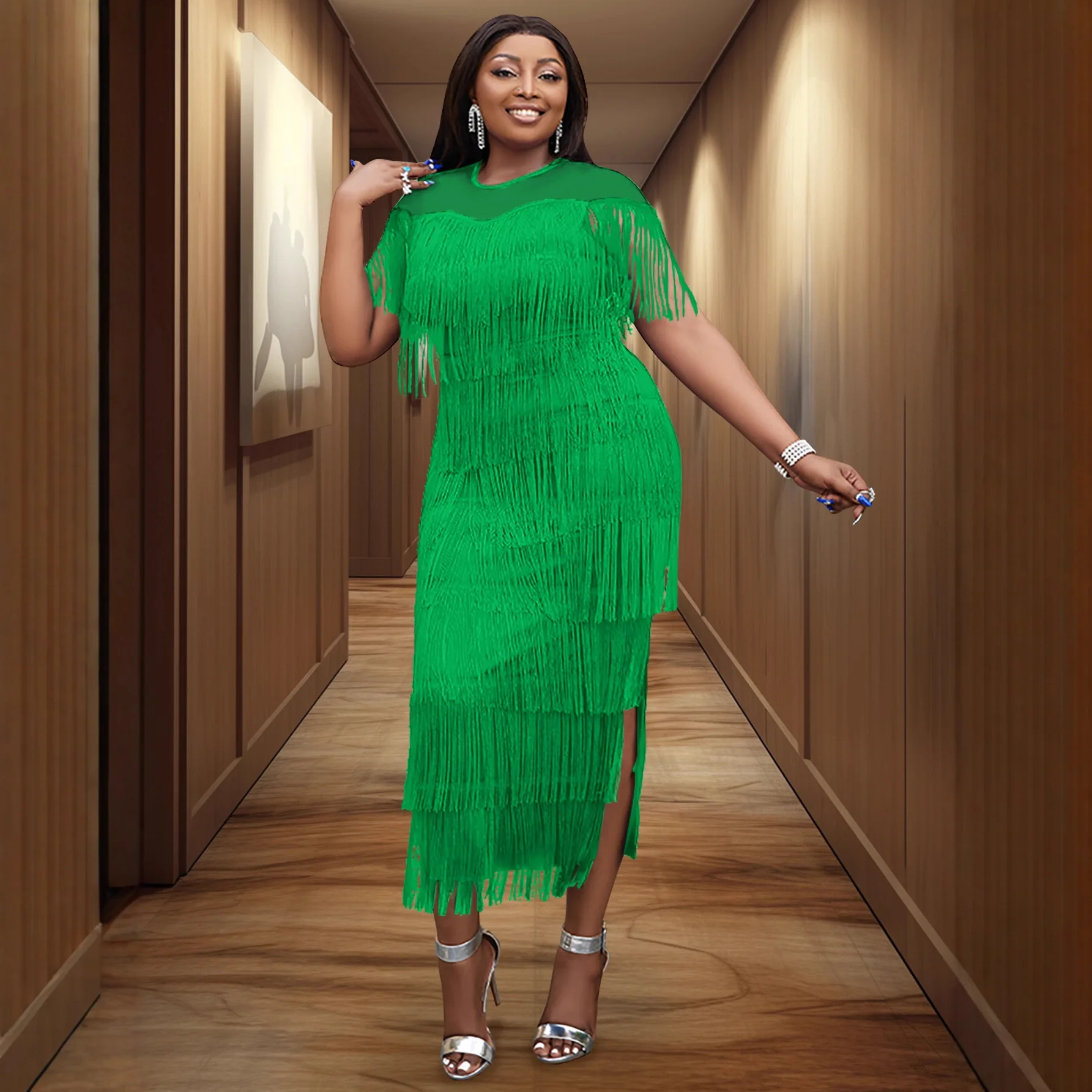 Curvy Bright Green Multi Tier Tassel Dress Ladies Sheer Yoke Short Sleeve Side Slit Church Wedding Cocktail Outfit