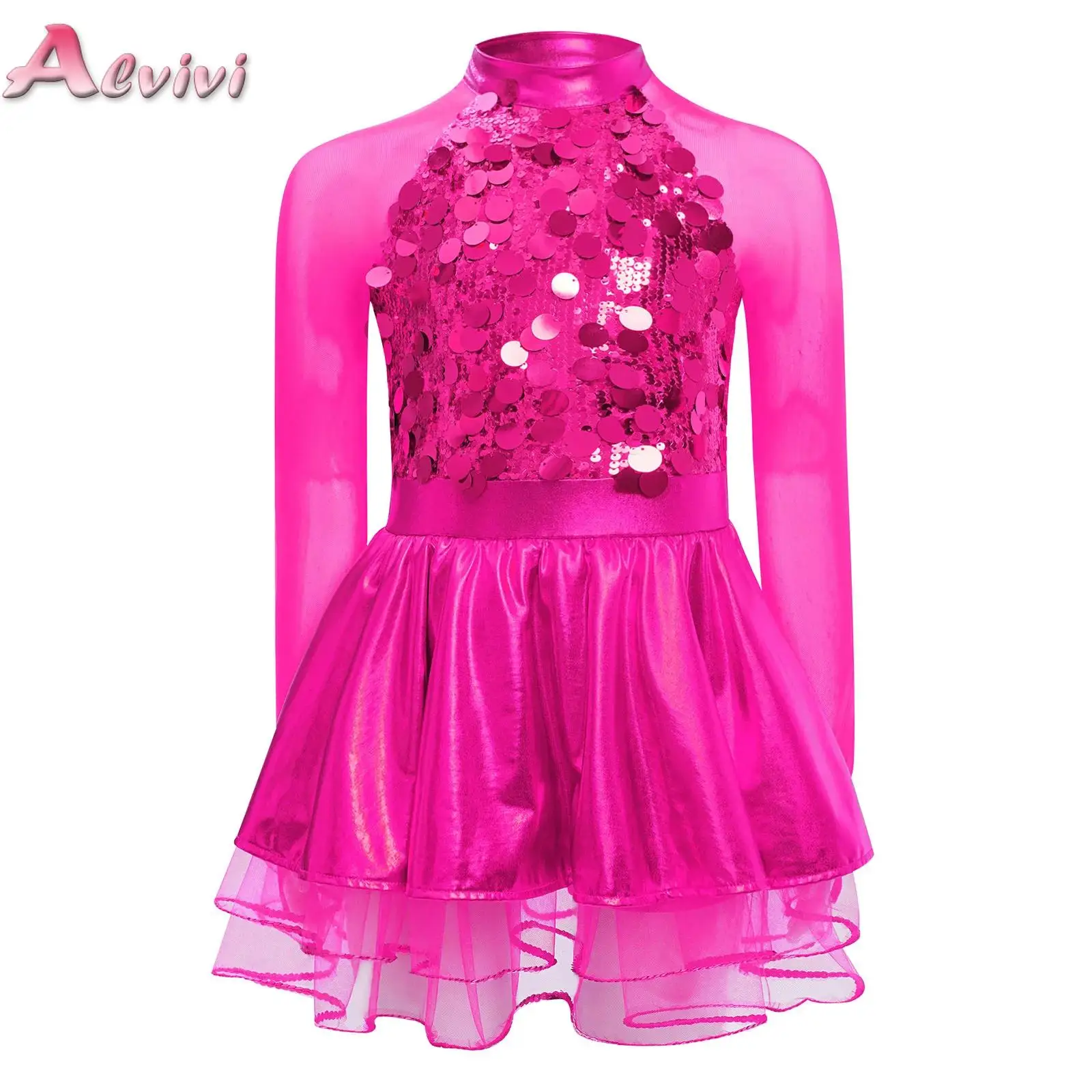 Girls Sparkling Sequins Tutu Dresses Long Sleeve Gymnastics Leotard Jersey Ballerina Dancing Practice Stage Performance Costume