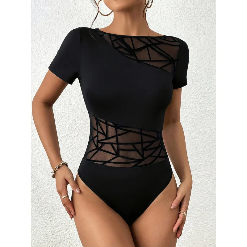 Spring/Summer Solid-Colour Crew-Neck Pullover Short-Sleeved Top with Mesh Design Sexy Fashionable Commuter Casual Slim-Fit