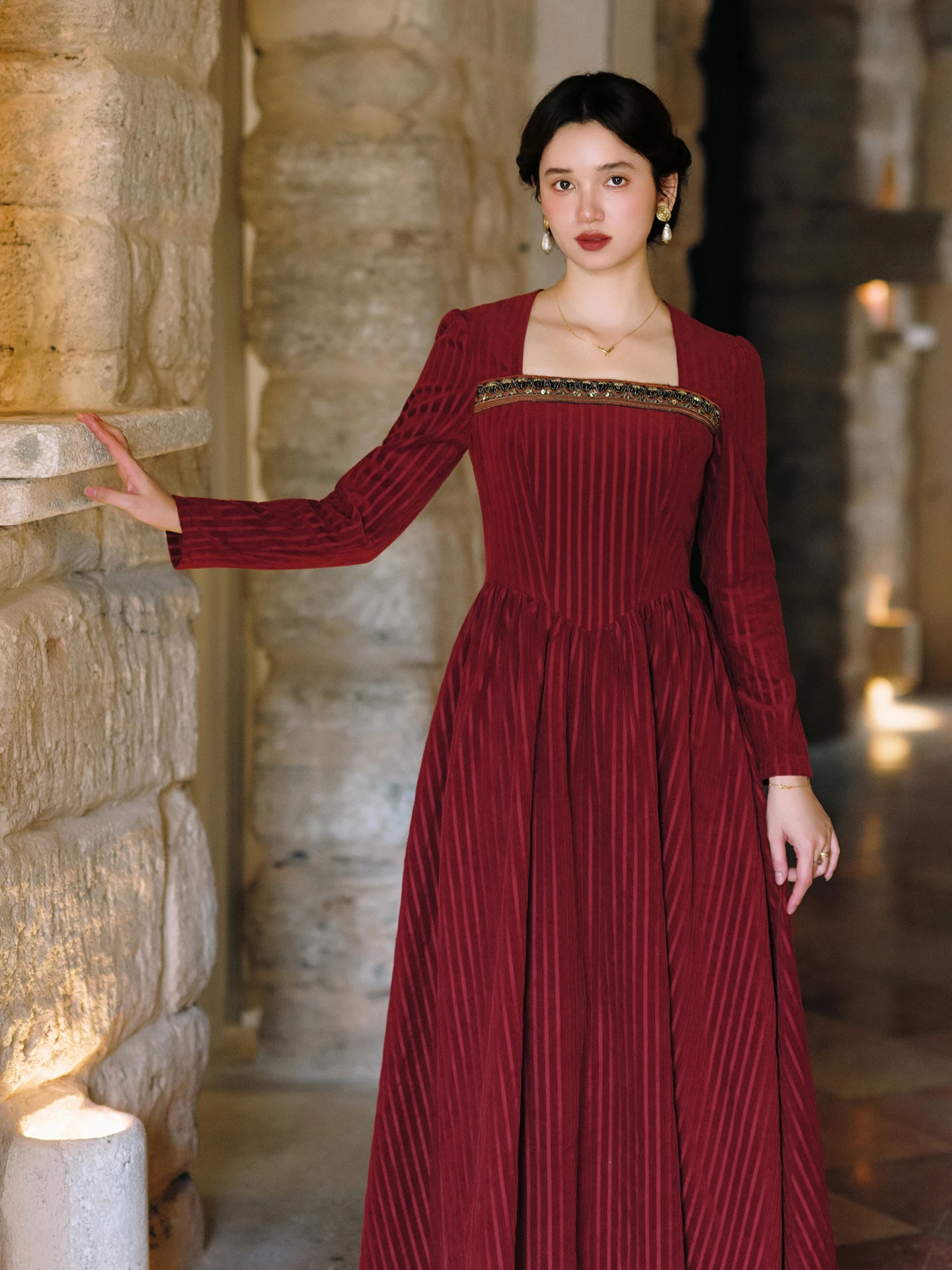 TIYIHAILEY Women 100% Cotton Corduroy Dress Full Sleeve Long Maxi Ladies S-XL Vintage High Waist 2026 Wine Red Beaded Winter