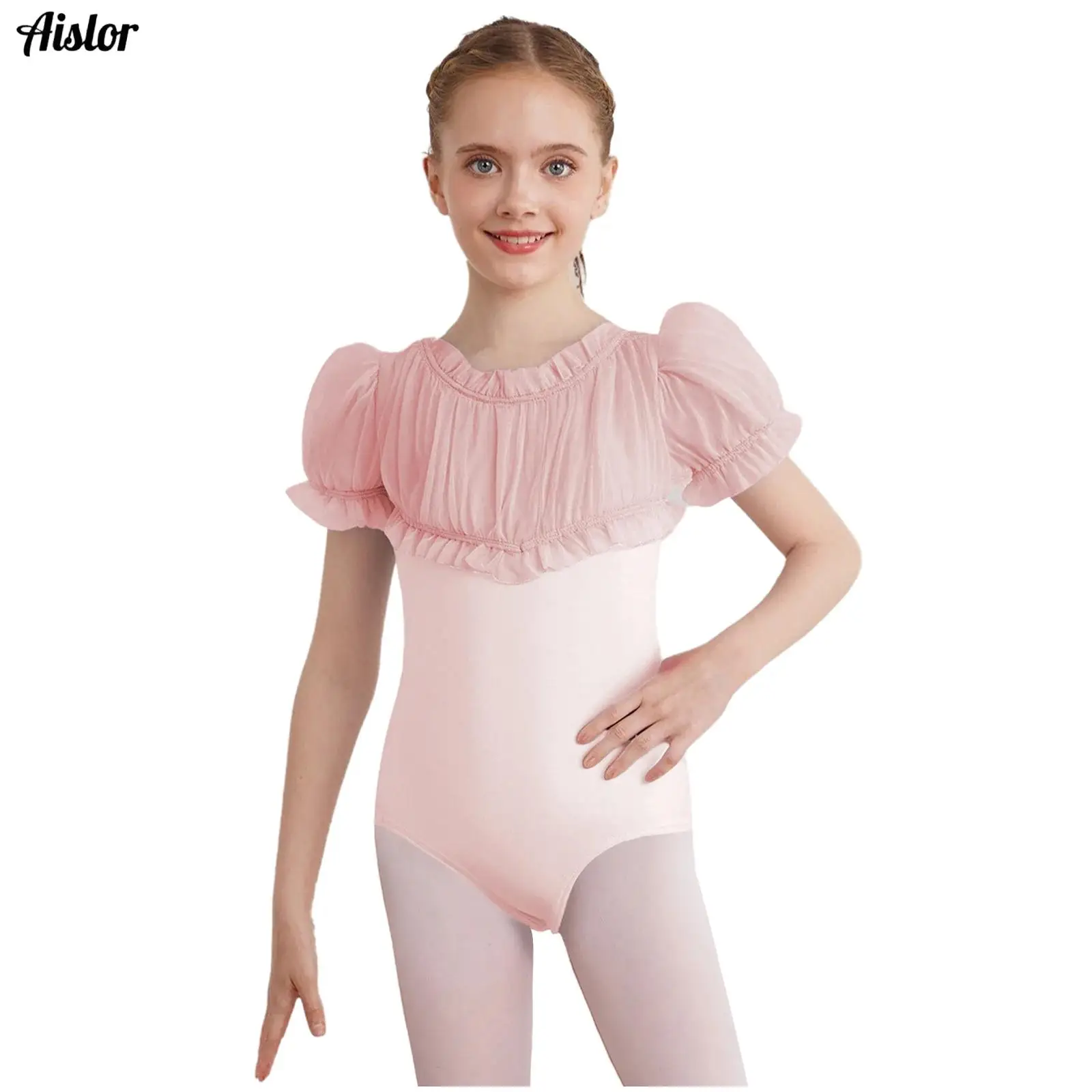 Kids Girls Ballet Dance Leotard Ruffled Round Neck Short Puff Sleeves Ruched Sheer Mesh Patchwork Bodice Bodysuit for Practice