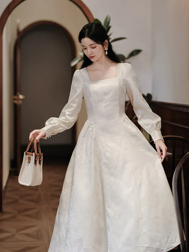 TIYIHAILEY Spring Autumn Women Jacquard Dress Full Sleeve Long Mid-Calf Ladies S-L Vintage High Waist 2026 Square Collar White