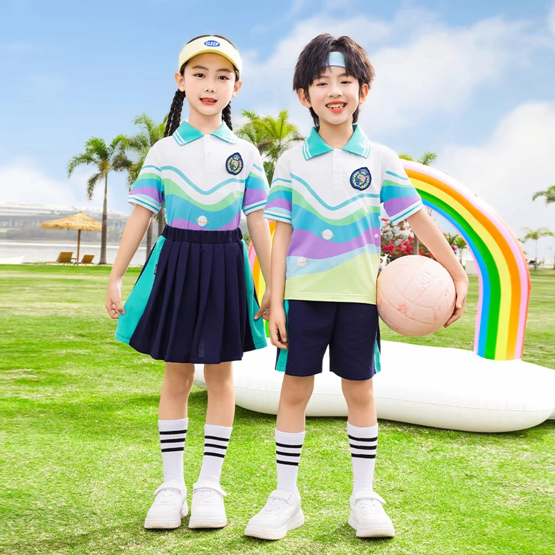Children Summer School Uniform Suit For Boy Girl Short Sleeve Top and Bottom Clothes Set Kids Performance Outfit Dance Wear 3-13