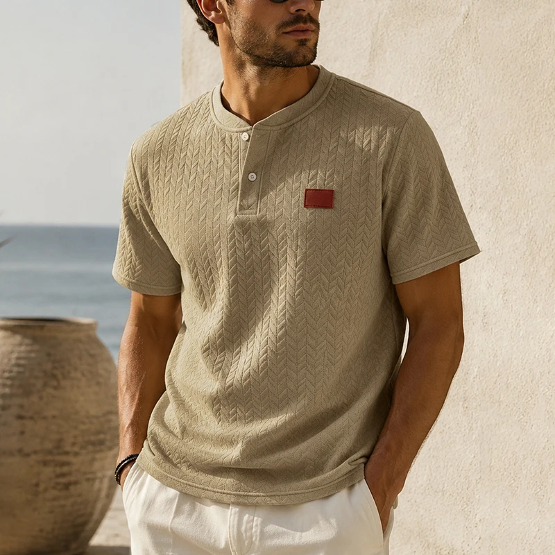 Men's Summer Jacquard Shirt Short Sleeve Mandarin Collar Loose Fit Textured Casual Top Lightweight Beach Vacation Wear for Men