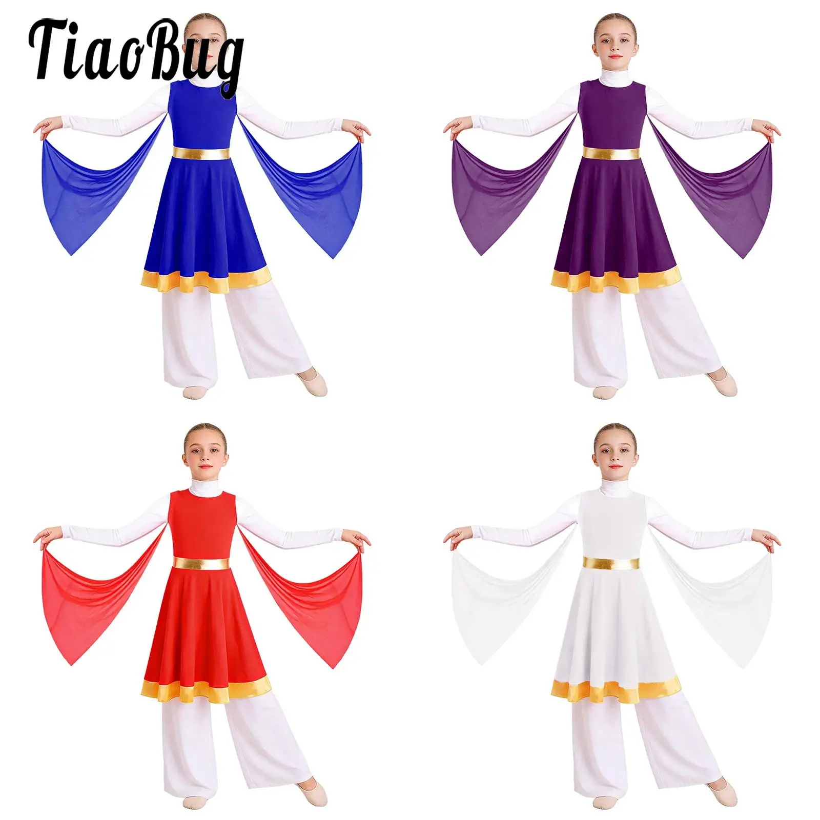 Kids Girls Worship Praise Robe Performance Costume Lyrical Ballet Dancewear Long Sleeves Liturgical Tunic Dress with Mesh Drapes