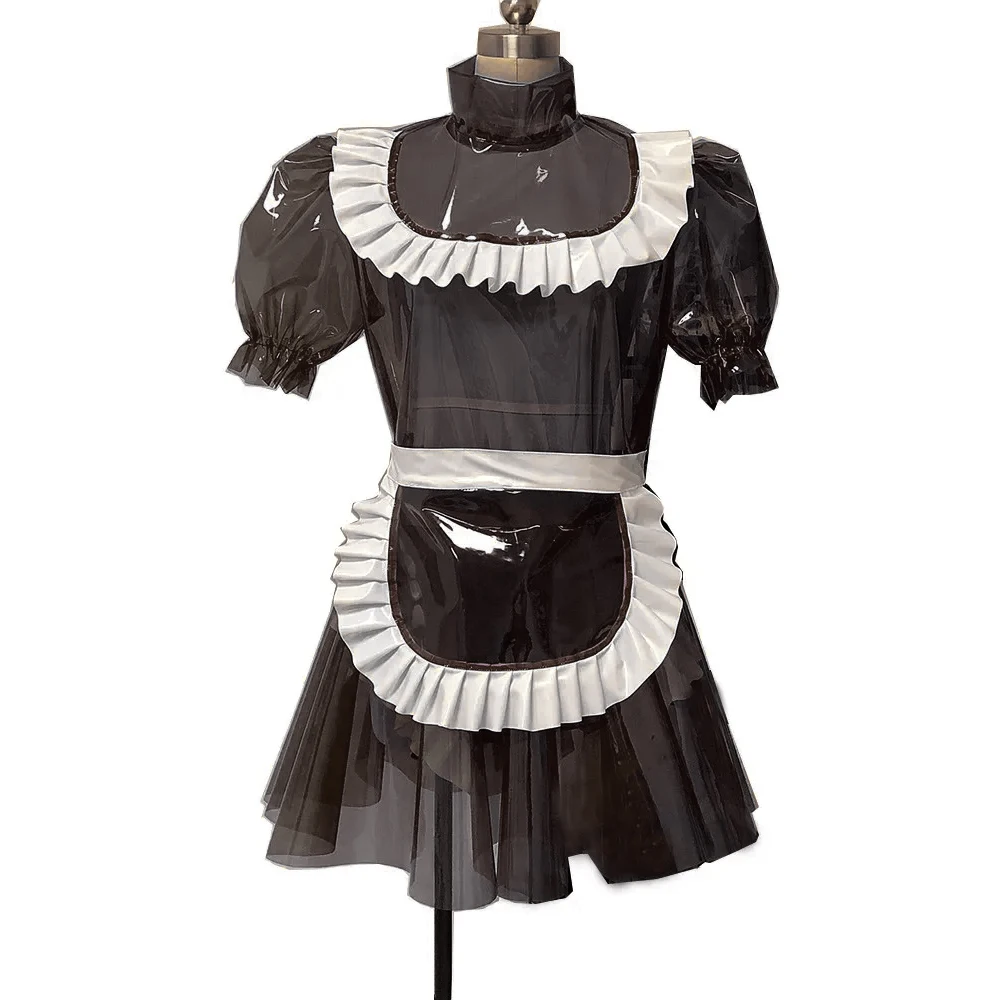 Transparent Black With White Sexy Latex French Maid Uniform Puff Sleeve Rubber Fit And Flaret Skater Dresses Zipper LYQ-0380