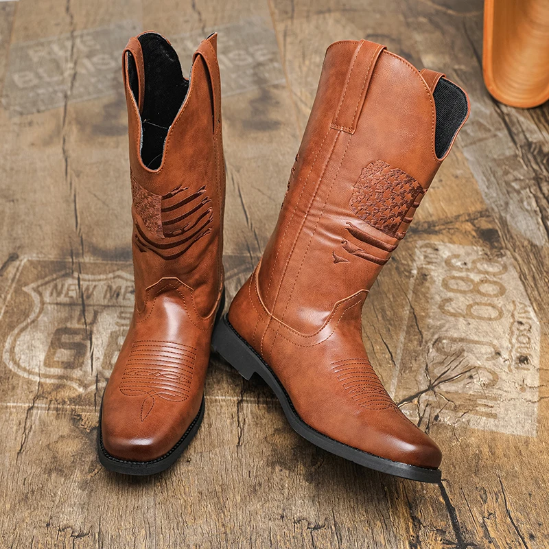 Autumn  Winter New Western Cowboy Men Boots Embroidered V-button Sleeves Casual  Fashionable Riding Boots