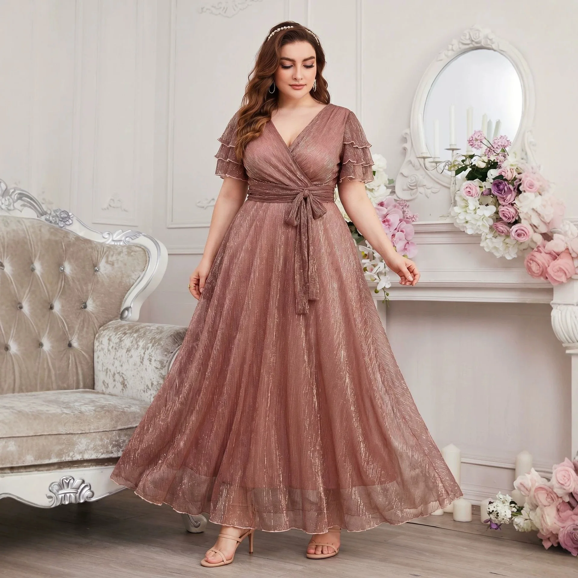 Luxury Curvy Blush Gold Glitter Mesh Long Gown V Neck Layer Flutter Sleeve Self Tie Waist Formal Evening Wedding Dress