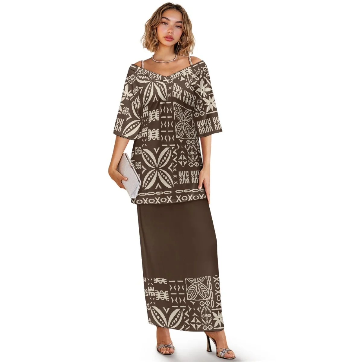 V Neck Off Shoulder Half Sleeve Samoan Puletasi Polynesian Tribal Tattoo Tapa Party Dress Set Pacific Island Dresses Set