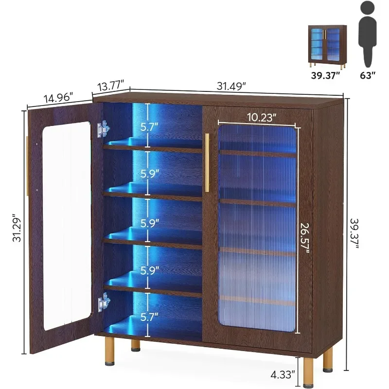 L # Shoe Cabinet With Acrylic Doors And LED Light, 24 Pairs Entryway Shoe Organizer Storage Rack With 5-Tier Adjustable Shelves