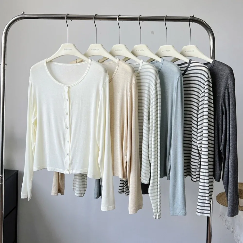 Slim Acetate Acetate Linen Cardigan Lyocell Linen Silk Lyocell Cardigan Round Neck Wool Blend Striped Top Casual Wear