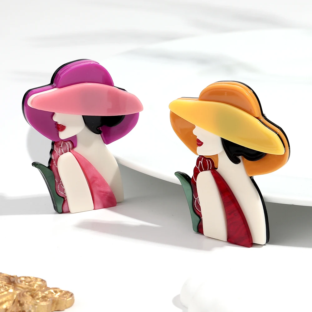 Trendy Hat Lady Resin Brooches for Women Acrylic Fashion Female Figure Badge Pins Office Jewelry Clothes Bag Accessories Gifts