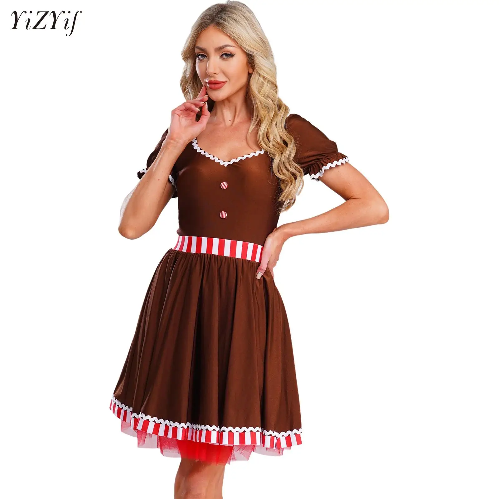 Christmas Gingerbread Man Performance Dress Female Women Ruffle Candy Cane Tutu Dress for Festival Charm Party Raves Dance Wear