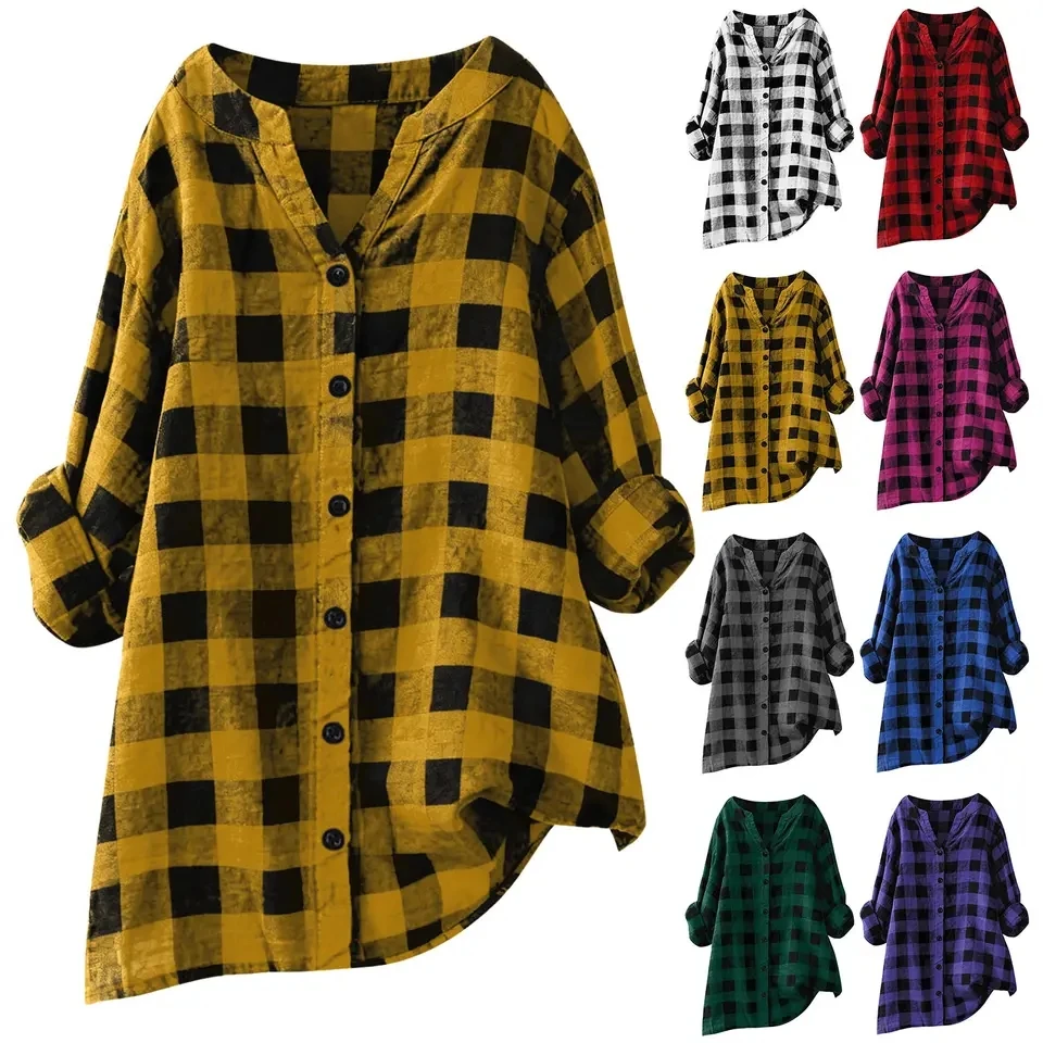 Plus Size Women's Blouses 2026 New Loose Vintage Plaid Shirt Tops Rolled Up Sleeve V Neck Button Up Shirts Daily Wear Camisas