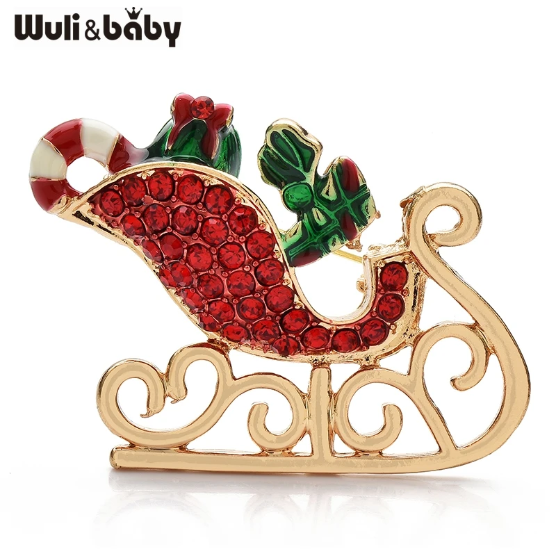 Wuli&baby Rhinestone Sleigh Brooches Cute Christmas New Year Brooch For Women Clothes Backpack Pins Badge Gifts