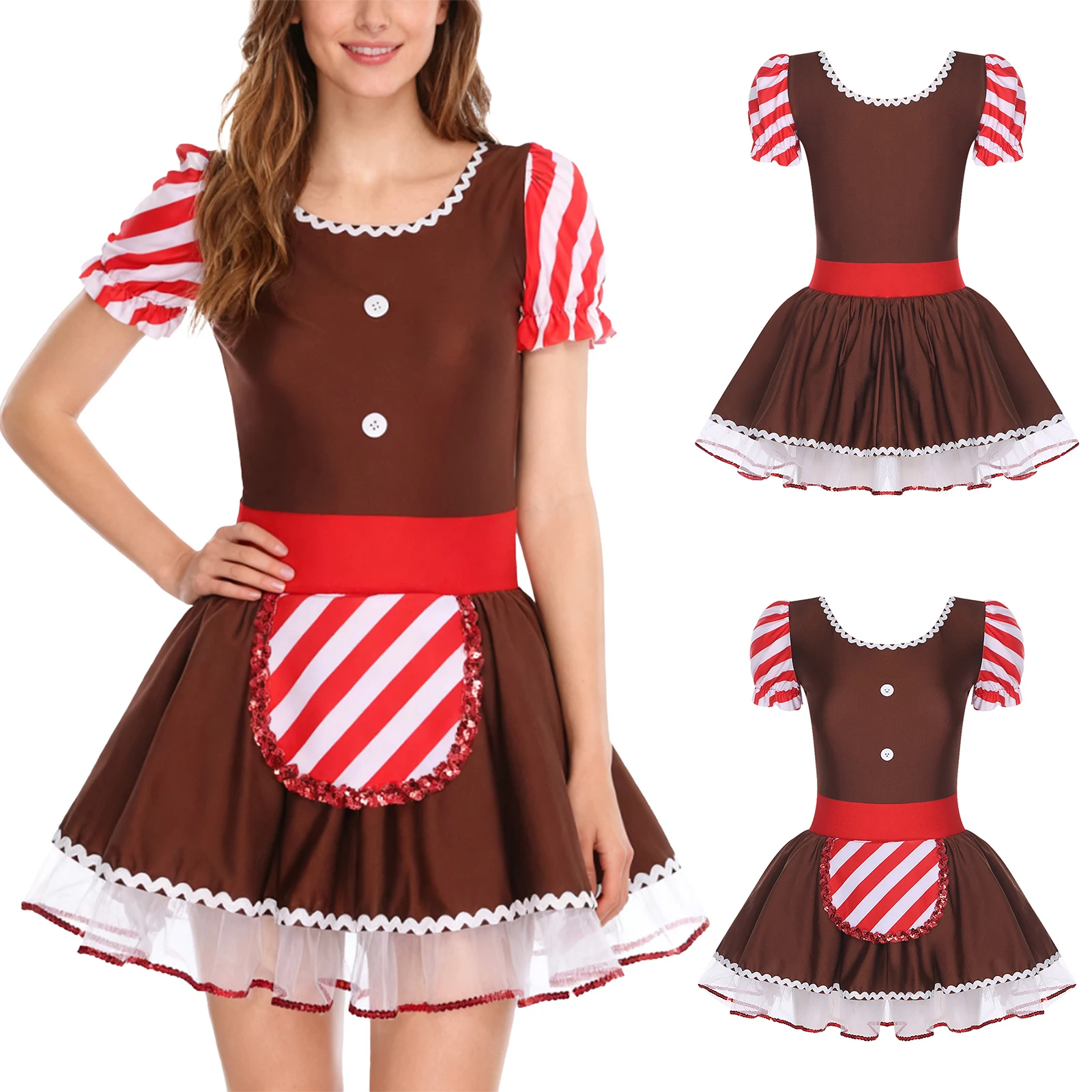Women Girl Gingerbread Man Christmas Costume Tutu Ballet Dance Dress Short Sleeve Leotards Tulle Dress for Figure Skating Wear