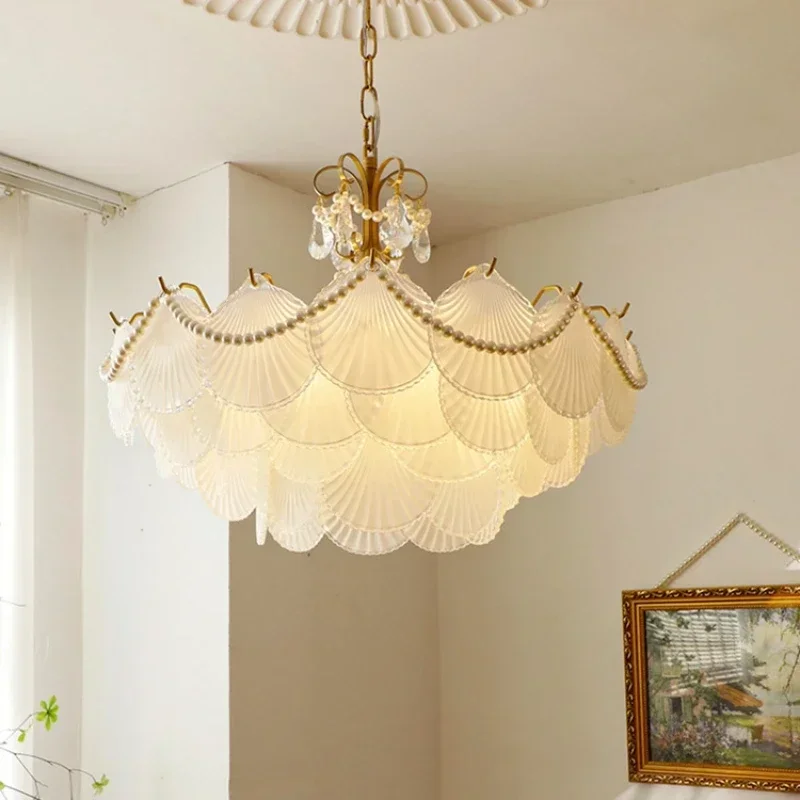 Modern Led Lights Fixture Art French Shell Glass Pendant Chandelier Lamps Copper for Home Decoration Living Dining Room Bedroom