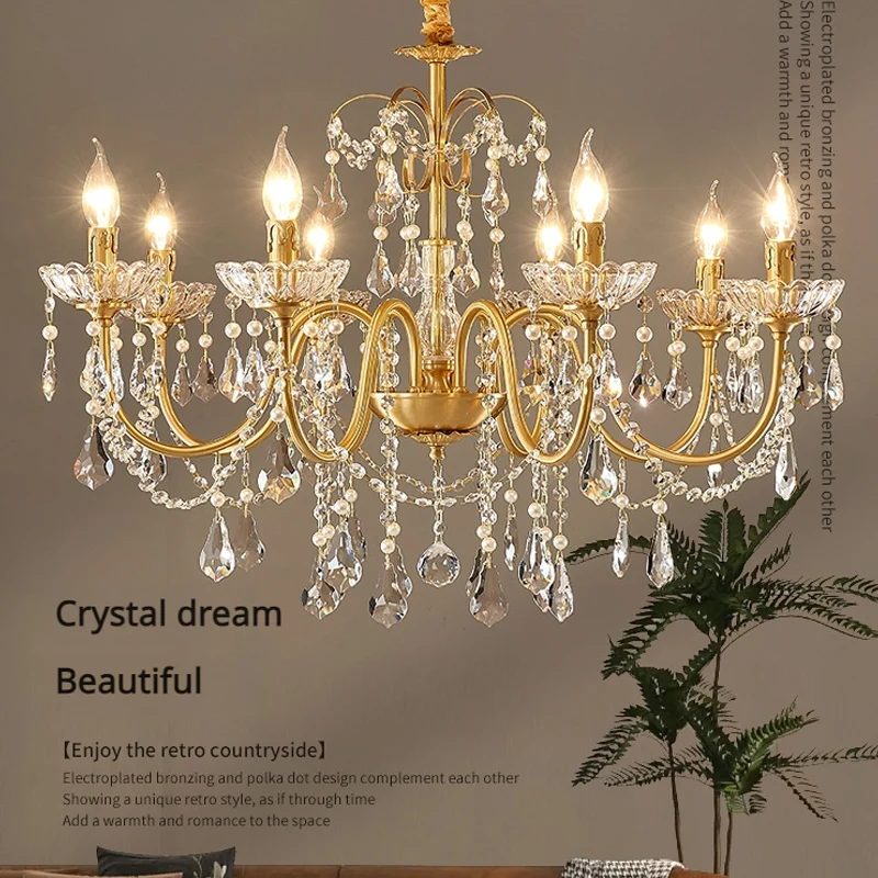 Vintage French Living Room Dining Room Full Copper Crystal Chandelier Light Luxury Romantic Bedroom Children'S Princess Room