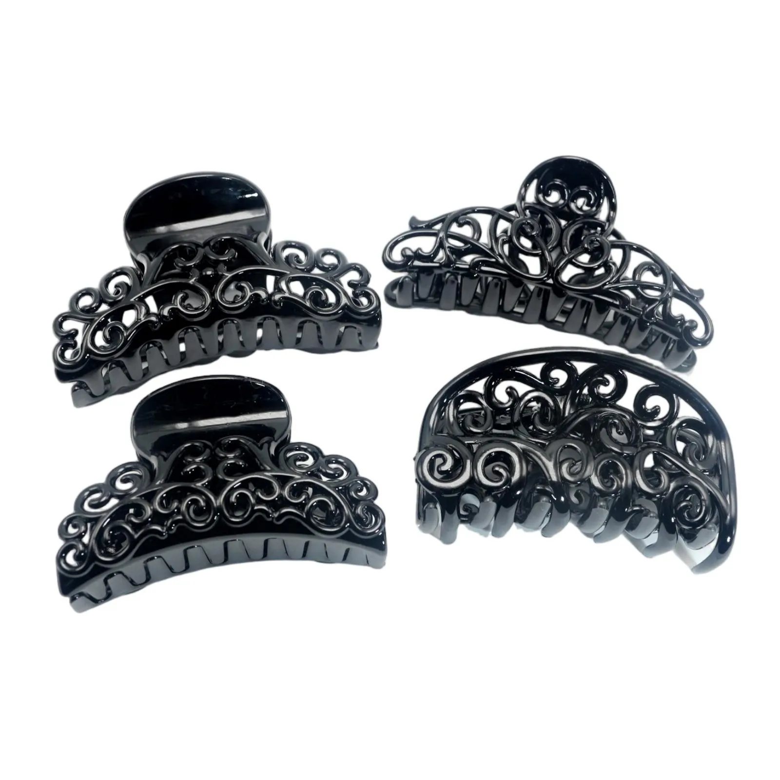 4pcs Black Plastic Hair Claws Assorted Hollow Floral Shark Clip Large Jaw Hairclips for Women Fashion Hair Accessories