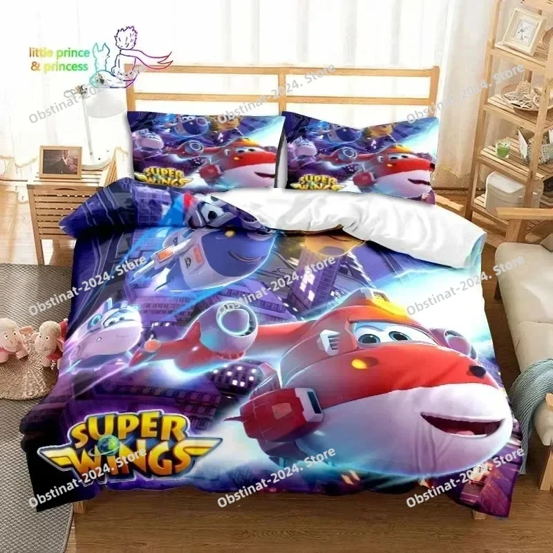 Super Wings Cartoon Print Bedding Set Single Twin Full Queen King Size Bed Set Adult Kid Bedroom Bedding Gift