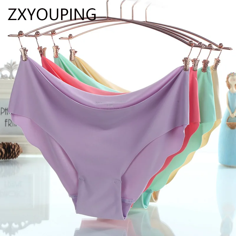 4PCS Ice Silk Seamless Panties for women Sexy Wave Edge Soft Underwear Low-waist Plus Size Briefs Female Lingerie