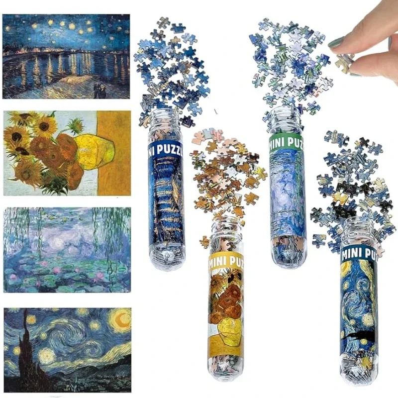 4 Pack Mini Jigsaw Puzzles 150 Pieces for Adults Challenging Starry Night Rhone River Sunflower 10*15cm Monet  Van Gogh Painting