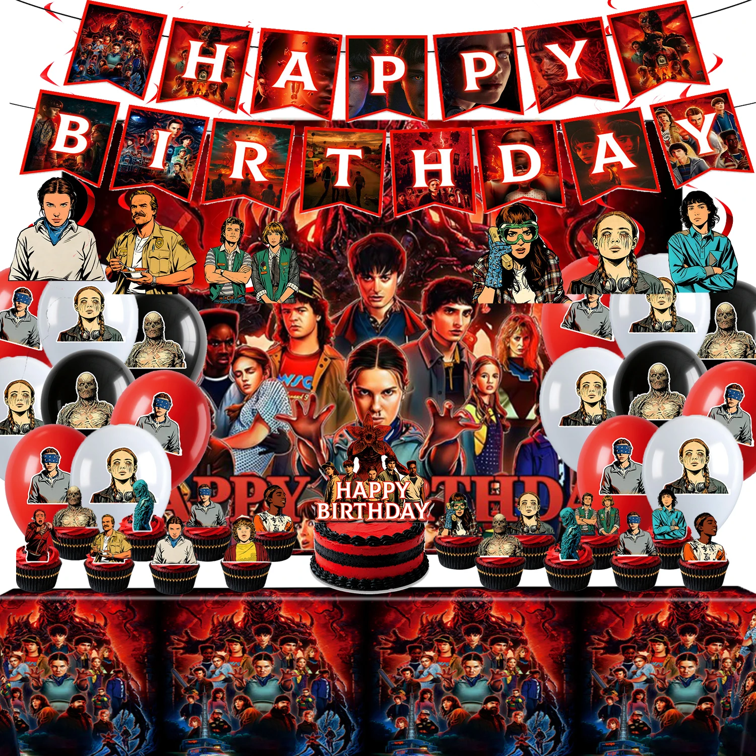 Horror Movie Theme Birthday Party Tablecloth Plate Cup Banners Cake Topper Balloon Background Set Decoration Baby Shower Supply