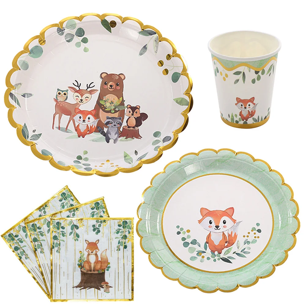 Woodland Fox Birthday Party Supplies Tableware Fox Baby Shower Decorations Dinnerware Paper Plate Cup Napkin Disposable Cutlery