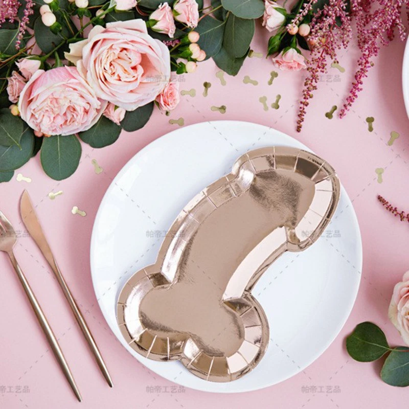 Bachelorette Party Decoration Rose Gold Penis Food Tray Hen Night Team Bride Party Dinner Plate Nude Dick Tableware 16cm 5Pcs