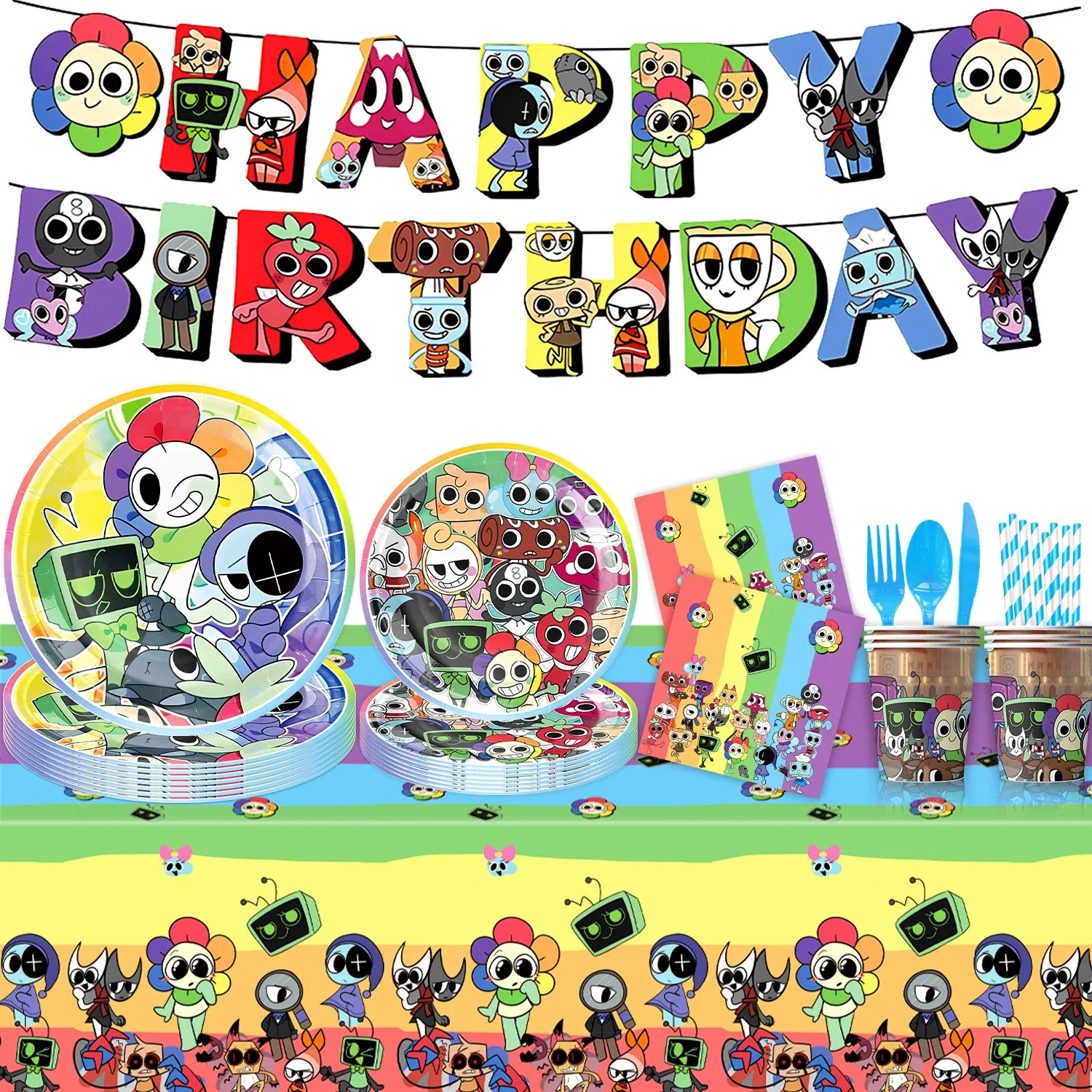 DANDY's & World Theme Birthday Disposable Tableware Plate Banner Backdrop Cup Napkins Party Decor Balloon Cake Topper Gift Prop