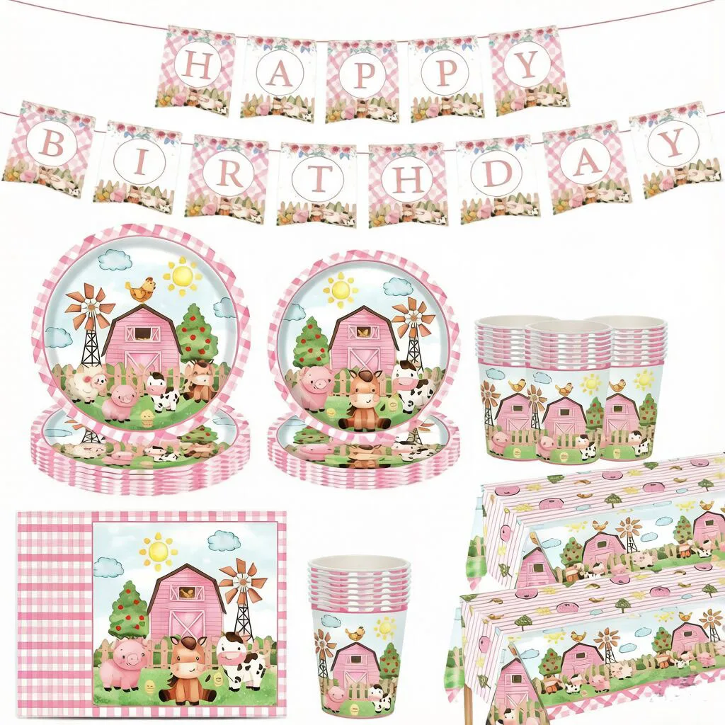 Pink Farm Animal Themed Disposable Tableware, Paper Cup Plates, Napkins, Tablecloths, Children's Birthday Picnic Party Supplies
