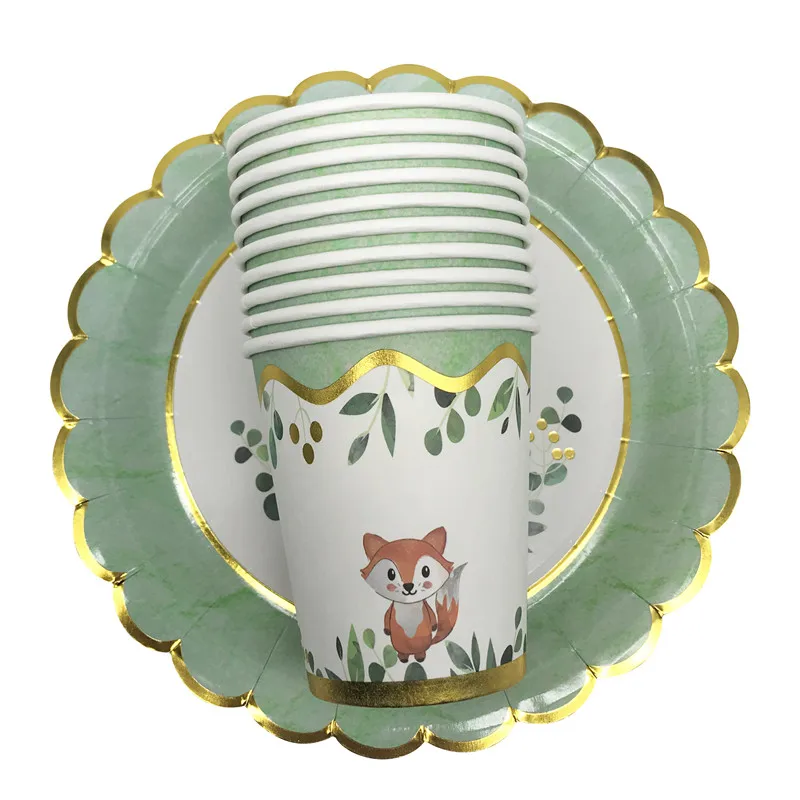 10Pcs Woodland Animals Fox Disposable Paper Plates Cups Kids 1st Birthday Party Baby Shower Forest Theme Jungle Party Supplies