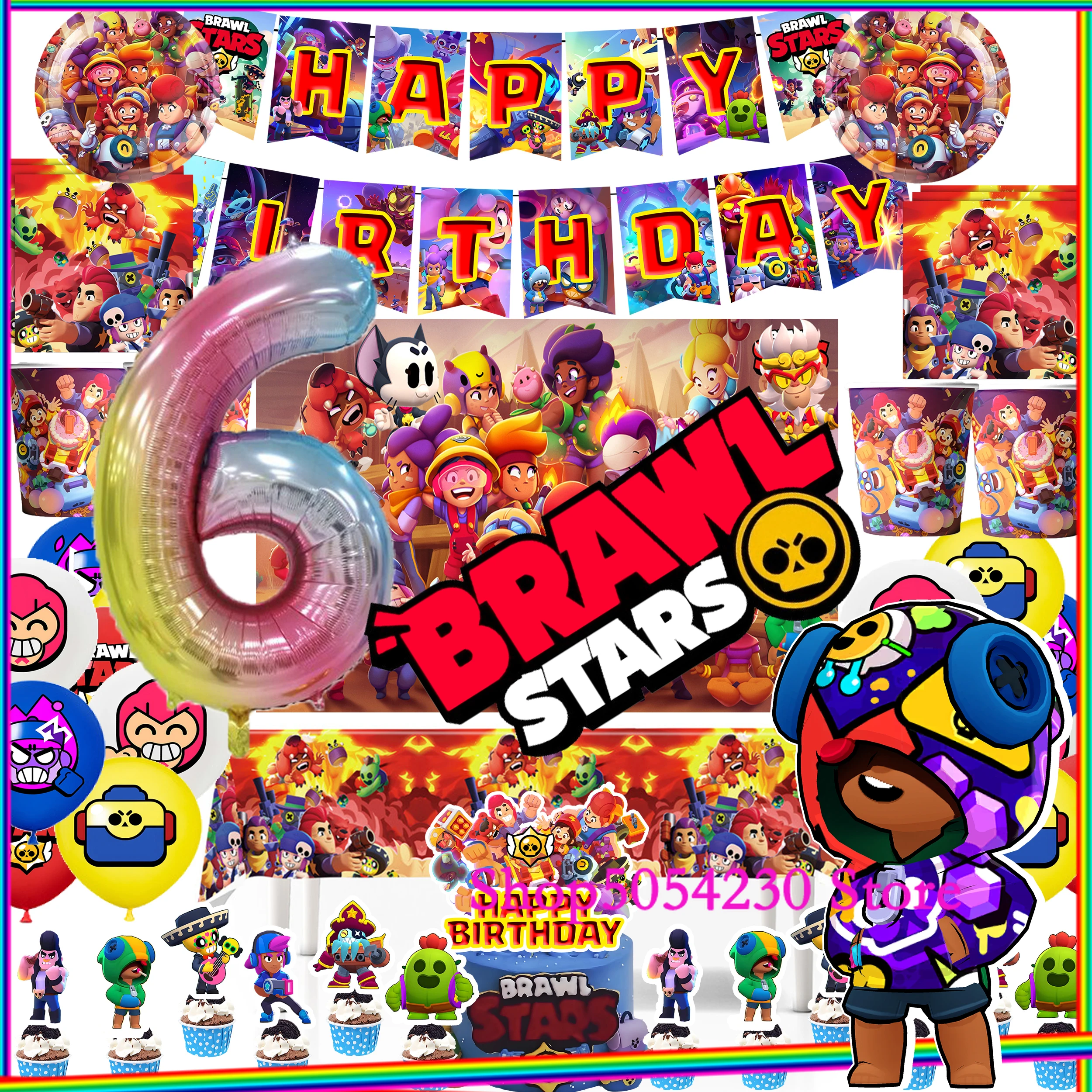 Brawl Stars Party Decoration Balloons Happy Birthday Banner Game Background Cake Topper Stickers Disposable Tableware Keychain