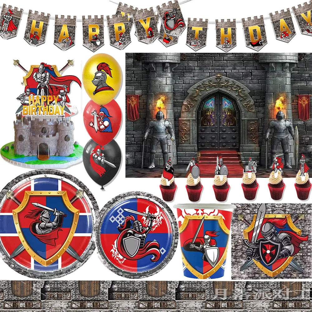 Medieval Ages Armored Knight Theme Birthday Party Supplies Decor Disposable Tableware Balloon Plate Cup Backdrop Napkin Kid Gift