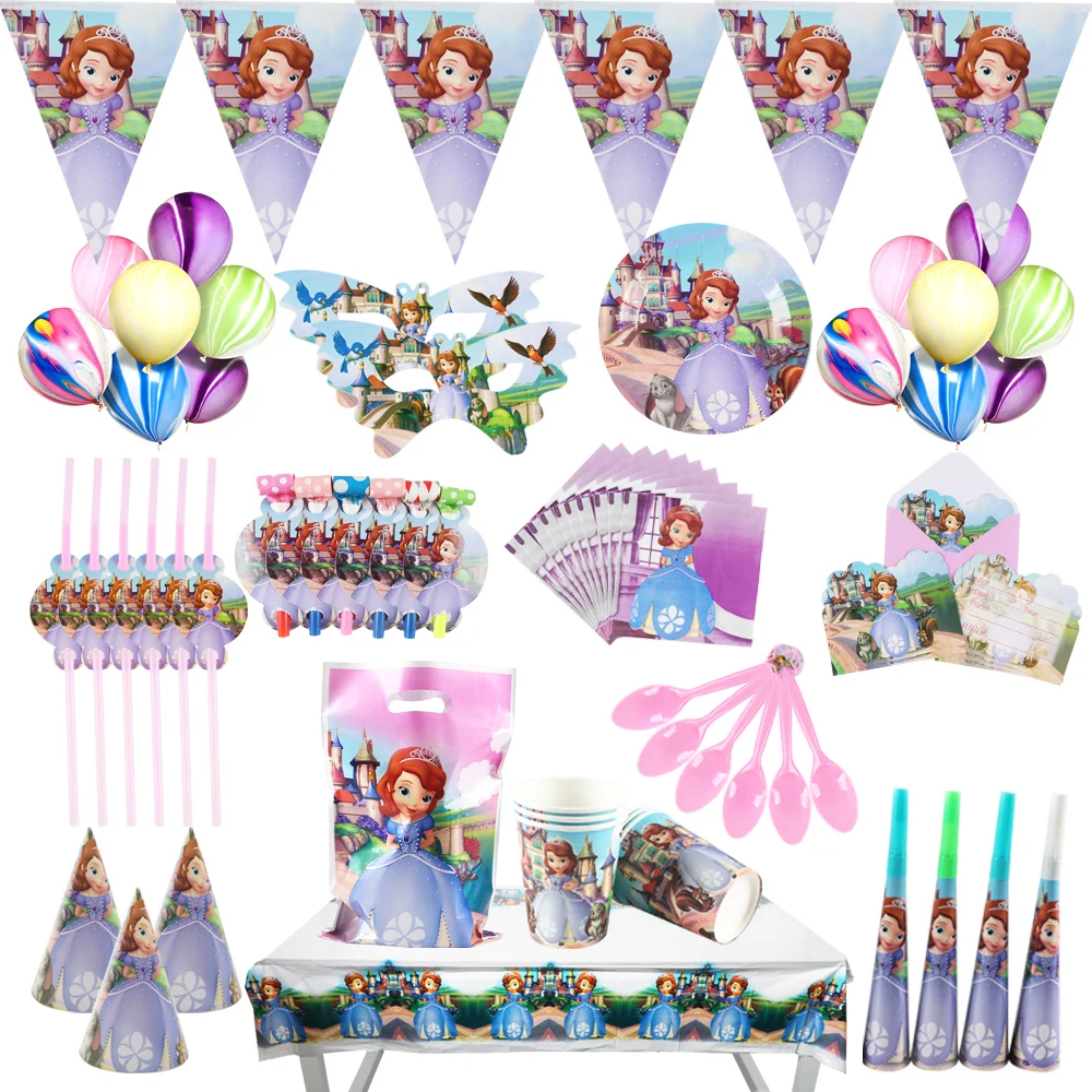 Sofia Princess Birthday Party Decoration Supplies Disposable Party Cutlery Set Baby Shower Banner Napkins Horn Hat Sofia