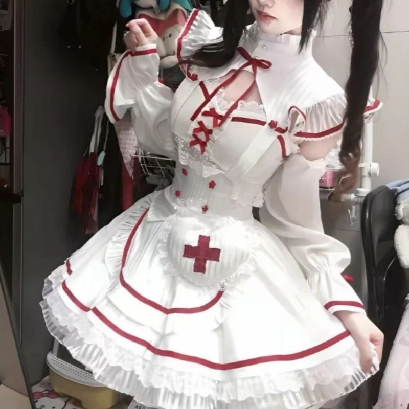 Japanese Lolita Sweet 2 Piece Set Women Bow Puff Sleeve Ruffle Layered Design Nurse Kawaii Harajuku Cosplay Party Daily Outfits