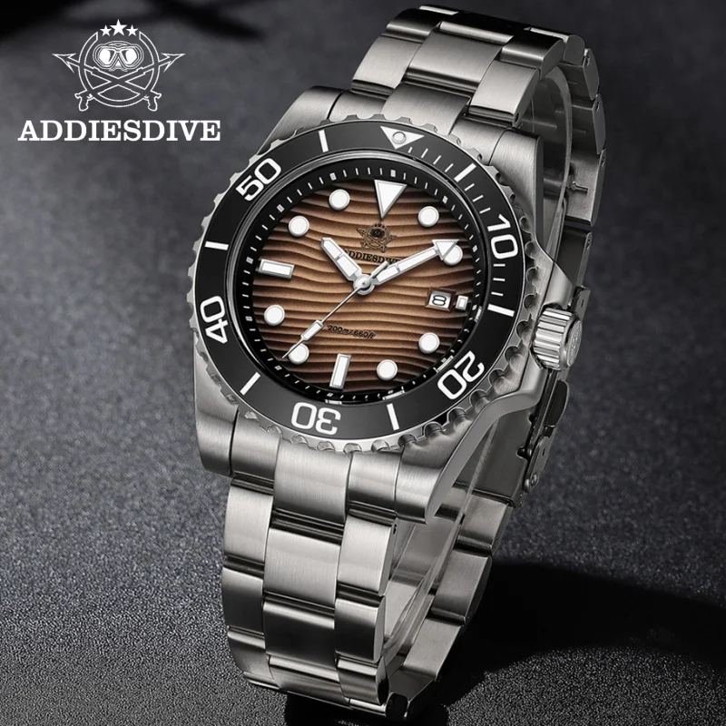 ADDIESDIVE Men's Watch 3D Desert Texture 200m Waterproof BGW9 Super Luminous 316L Stainless Steel Date Display Quartz Watch