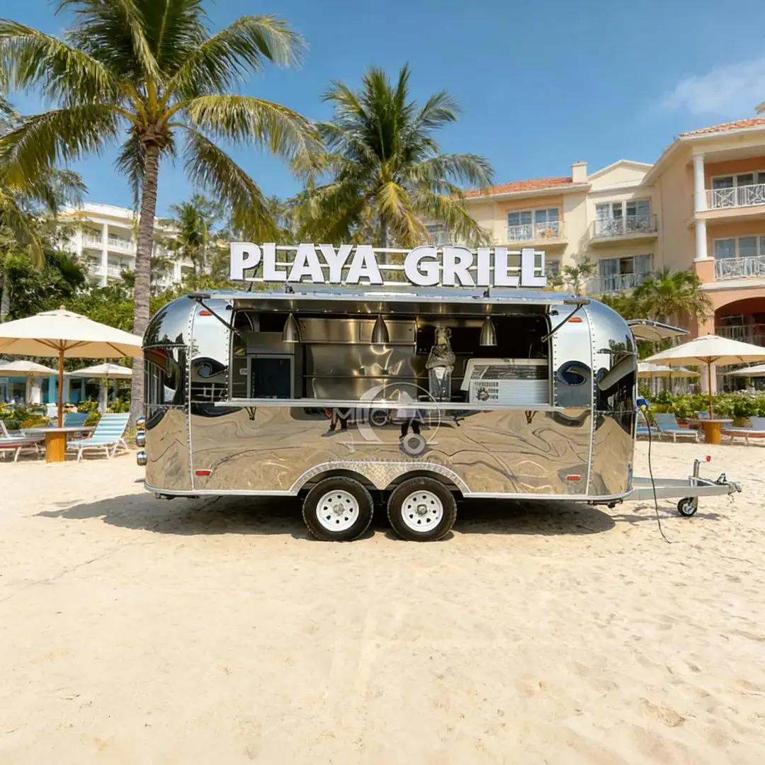 Customizable Silver Towable Food Trailer Commercial Stainless Steel Mobile Catering Truck for Outdoor Camping Signboard Included