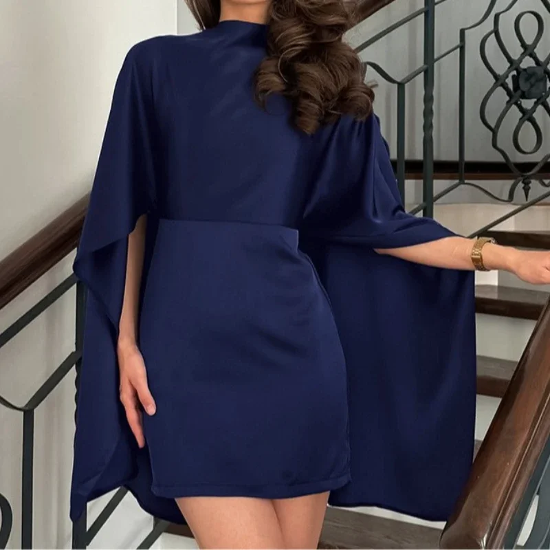 European and American Niche Irregular High Collar Long Sleeve Waist Short Dress for Women 2026 Spring and Summer