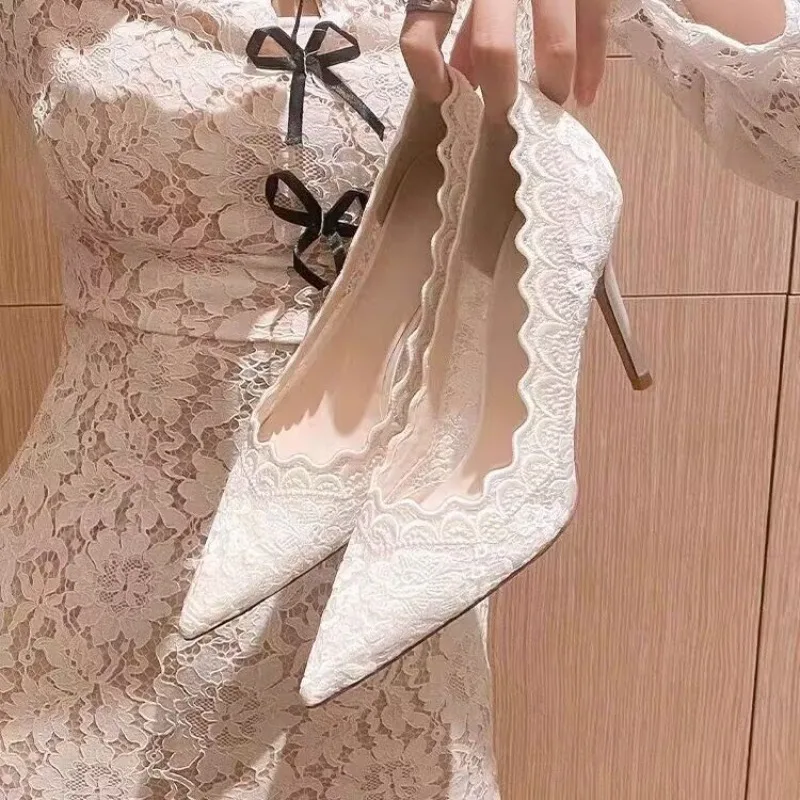Sexy White Wedding Shoes Bridal Shoes Design Sense Niche Lace Pointed Stiletto Heel Shallow French High Heels Female Temperament