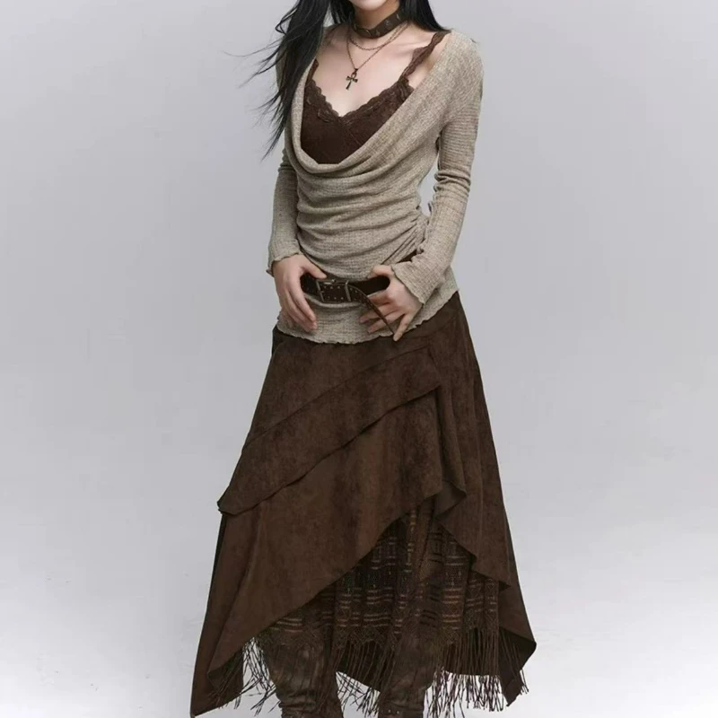Lace Patchwork Skirt Women Autumn French Niche Irregular Half Skirt Ruffled Edge High Waist Versatile A-line Mid Length Skirt