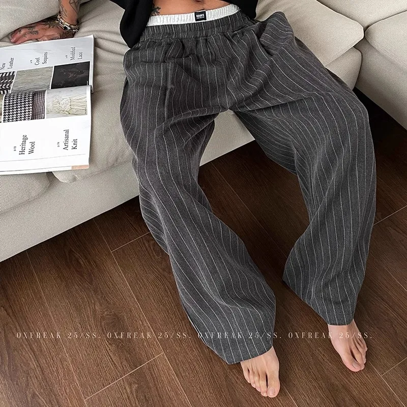 Niche Double-waist Contrast Striped Casual Pants for Men 2026 Summer New Style Straight Loose Trendy Wide-leg Long Pants