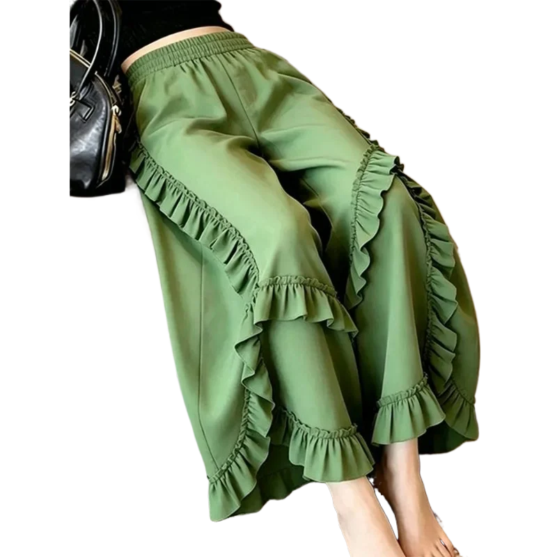 Niche Solid-color Ruffled Loose Casual Pants Pear-shaped Hide Flesh Look Slimmer 9-inch Pants Chubby Girls Wide-leg Petite Women